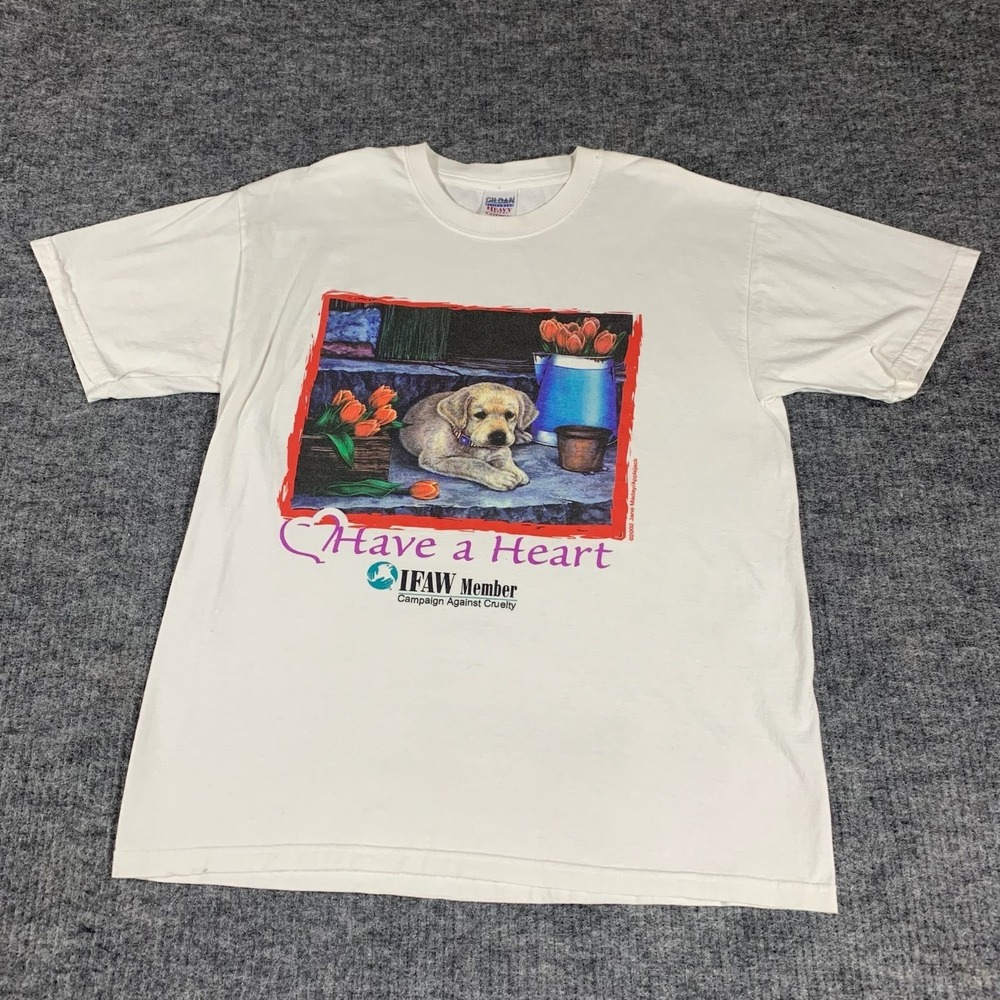 VTG Gildan T Shirt Mens Large L White Have A Heart Dogs Puppy Cute Y2K Retro